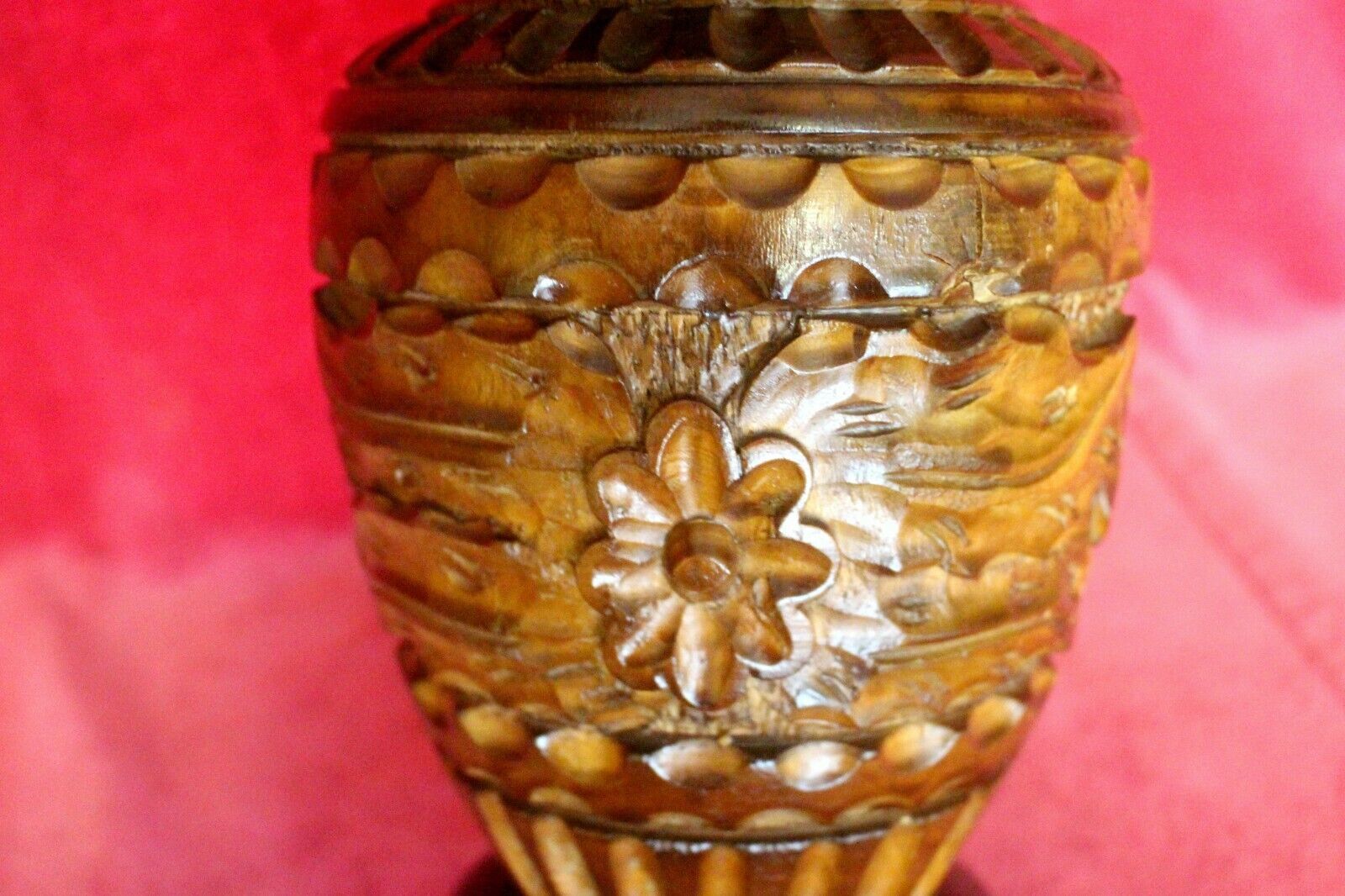 Home Decor Vintage French Rustic Carved Wood Jar Hand Painted photo