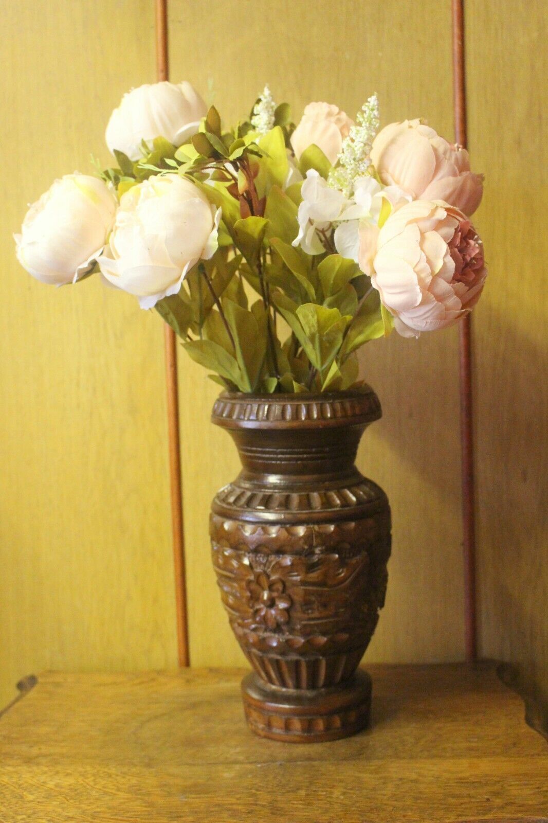 52.0 Vintage French Rustic Carved Wood Jar Hand Painted photo