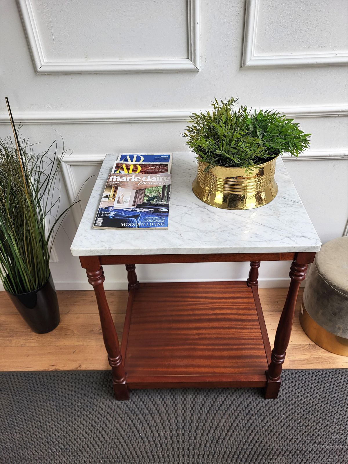 Italian Mid Century Modern Wood And White Marble Top Work Or Side High Table photo for sale