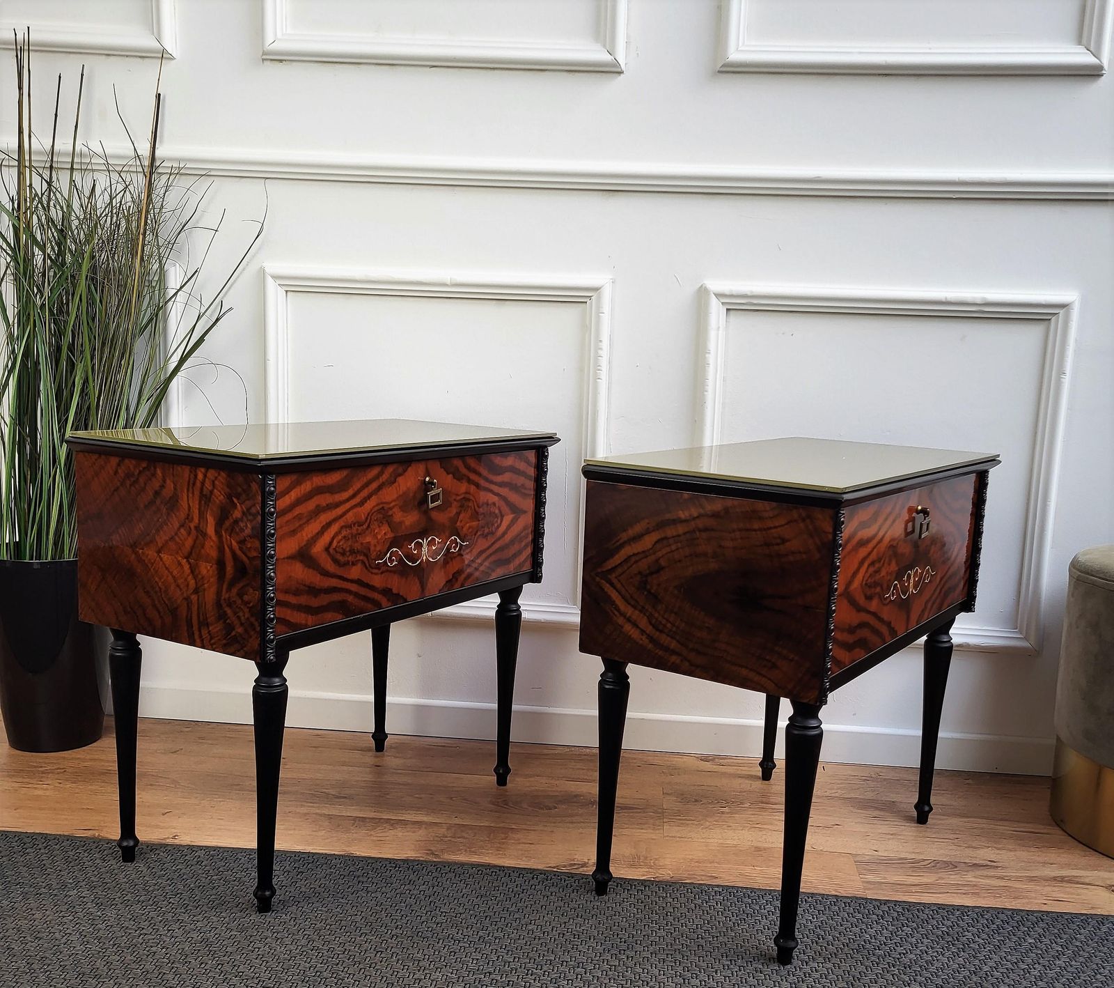 Pair Of Italian Midcentury Art Deco Nightstands Bedside Tables Walnut Glass Top photo buy