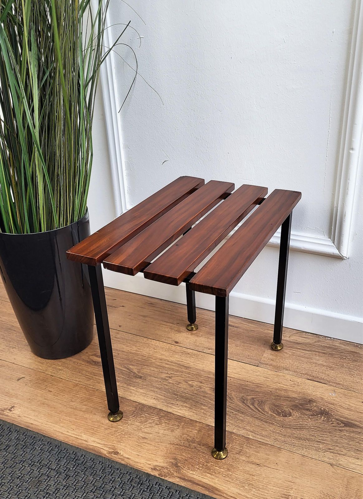 Mid Century Modern Italian Metal Base Brass Feet Wooden Slat Stool photo Furniture