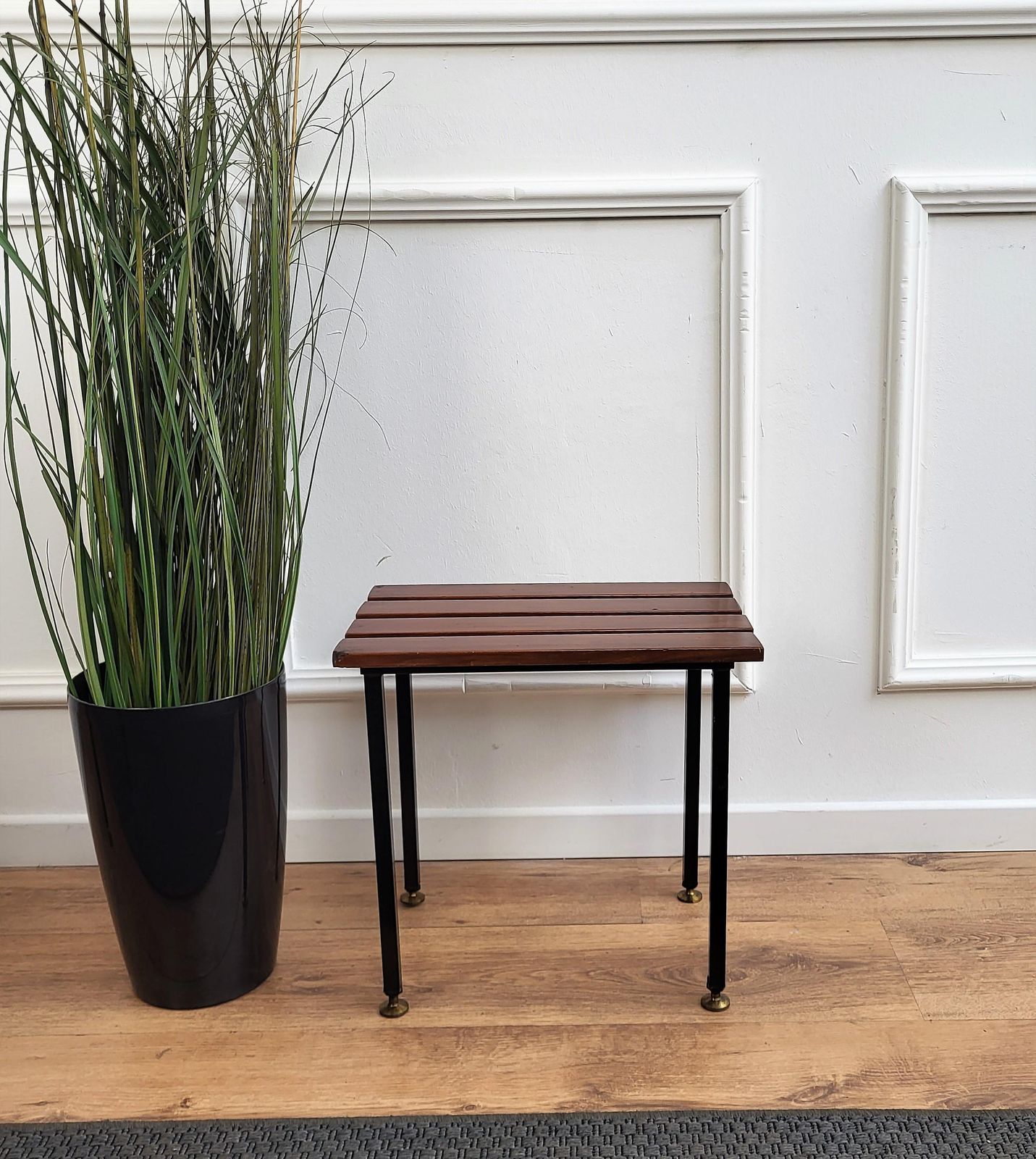 Mid Century Modern Italian Metal Base Brass Feet Wooden Slat Stool photo 792.0