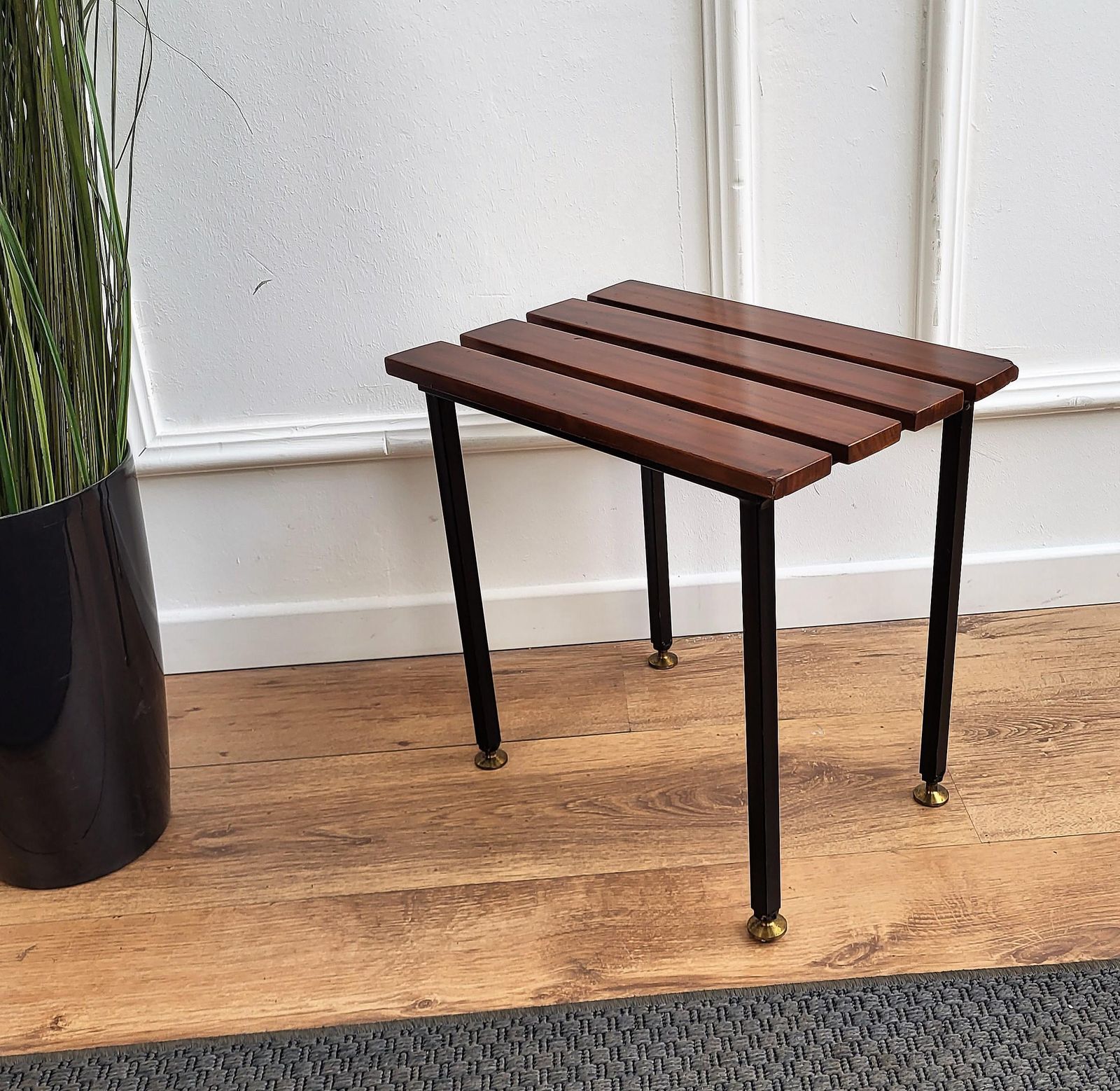 Mid Century Modern Italian Metal Base Brass Feet Wooden Slat Stool photo vinterior