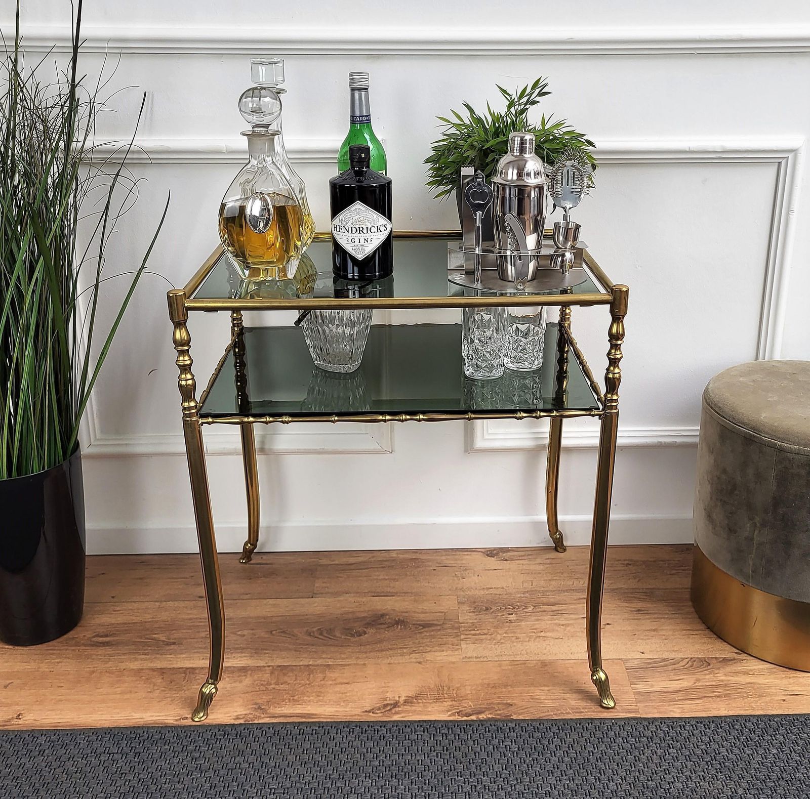 1980s Hollywood Regency Mid Century Modern Brass And Smoked Glass Console Table photo furniture