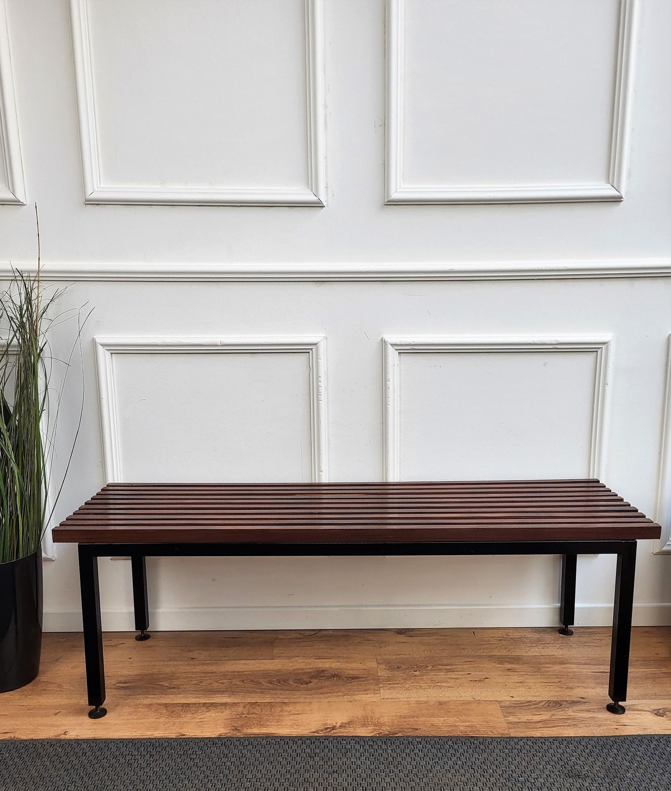 Mid Century Modern Italian Metal Base Brass Feet Wooden Slat Bench photo furniture