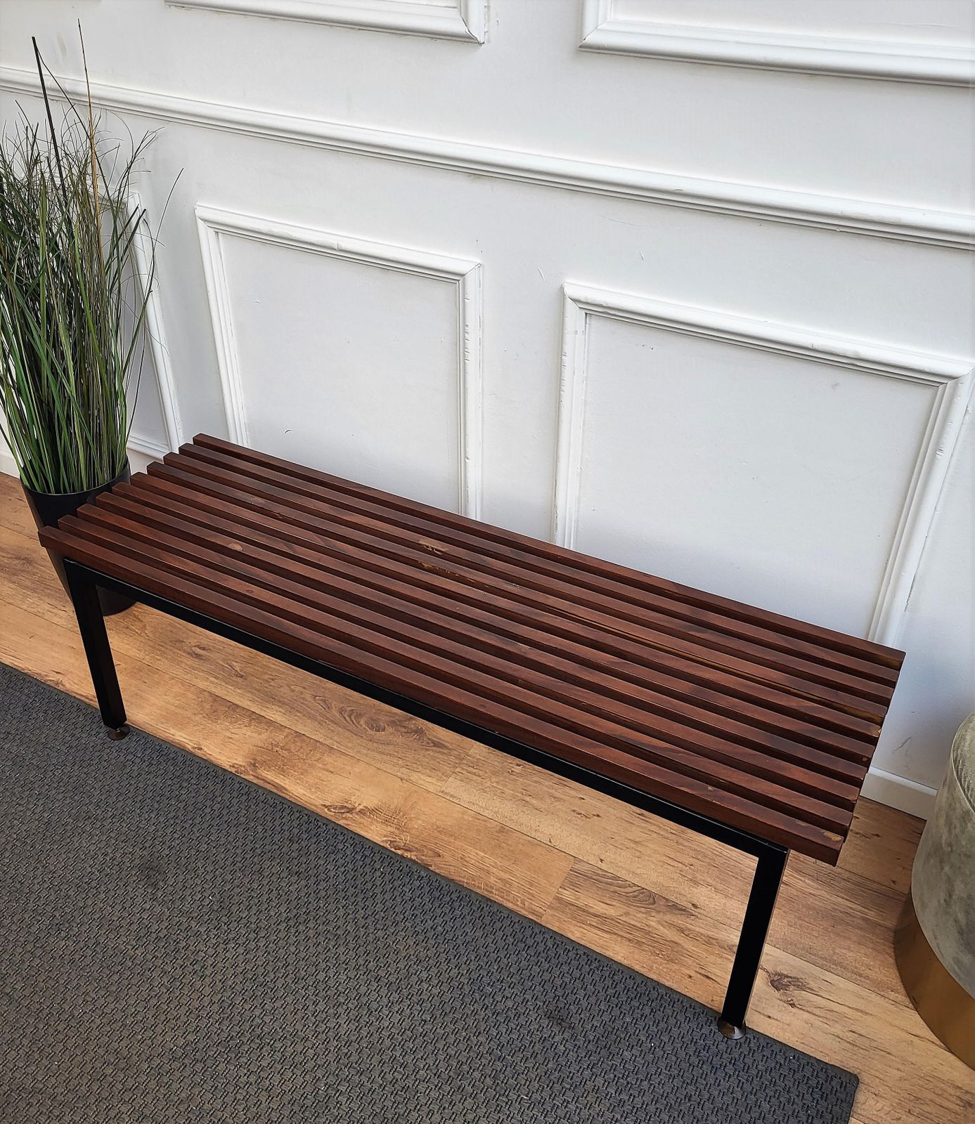 Mid Century Modern Italian Metal Base Brass Feet Wooden Slat Bench photo for sale