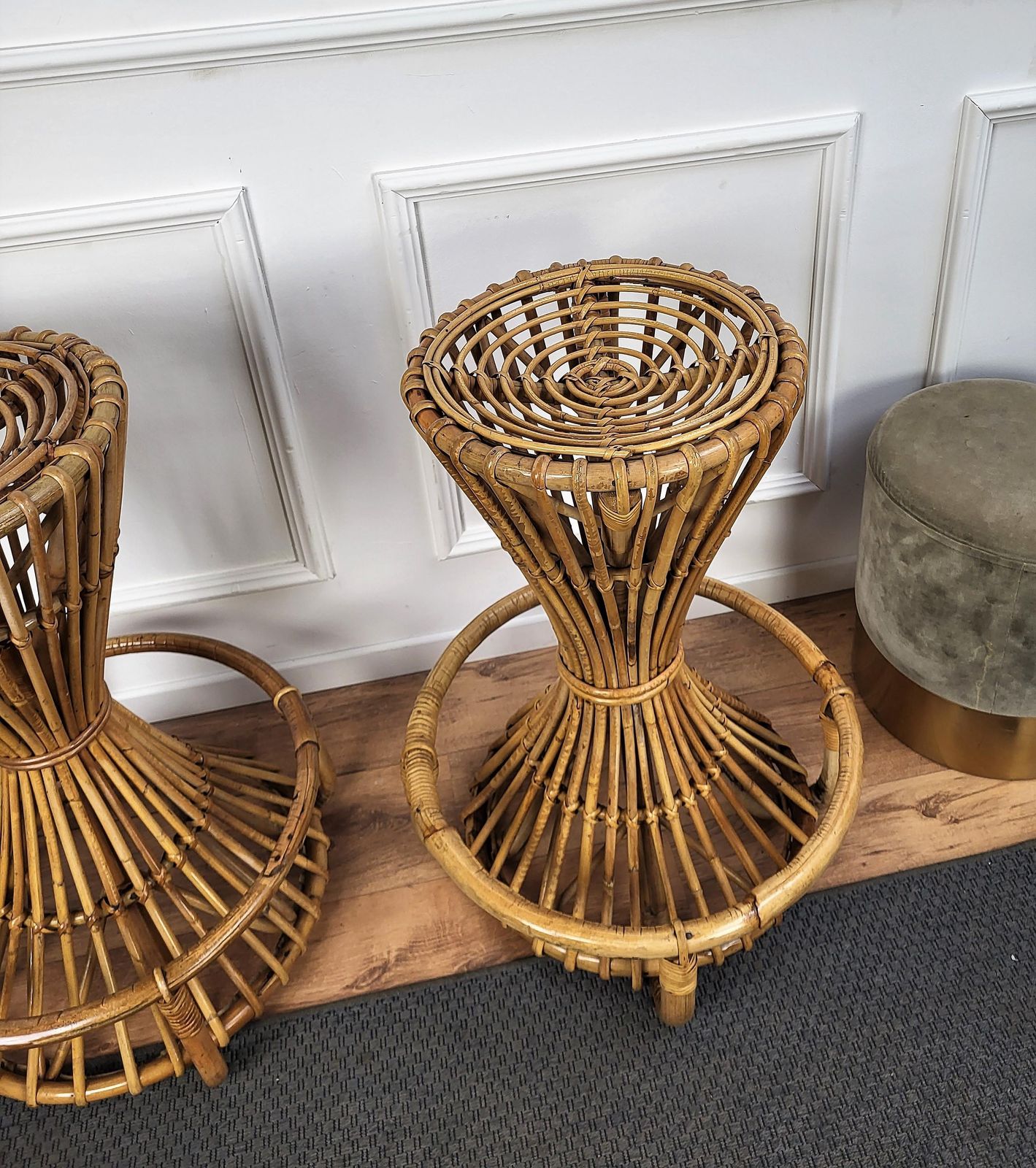 Pair Of 1960s Italian Bamboo Bohemian French Riviera Round Bar Stools Chairs photo Furniture