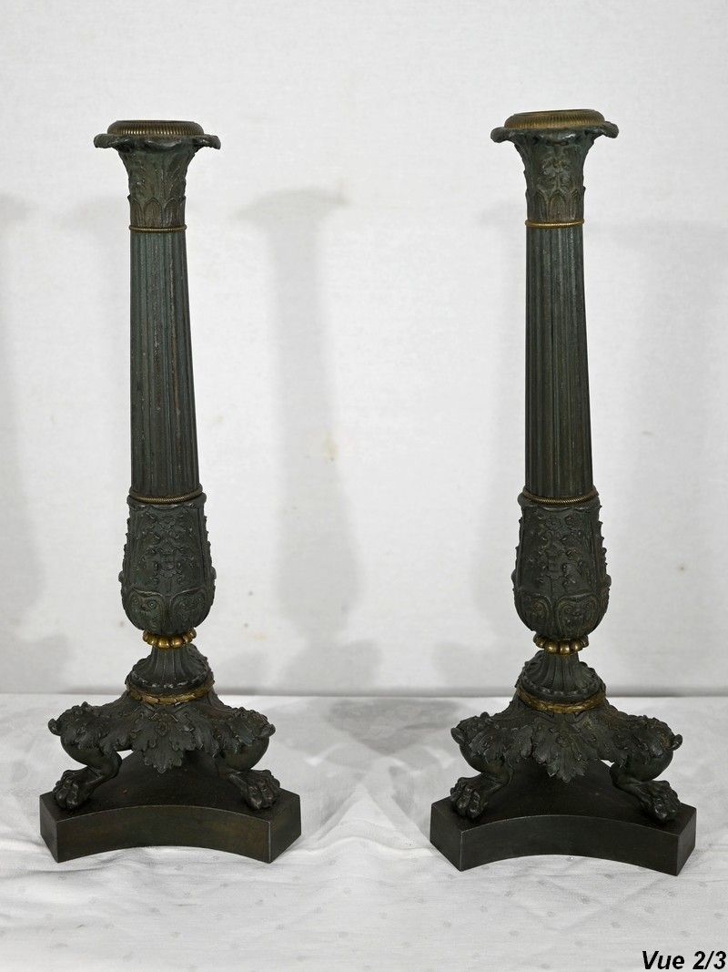 Home Decor Pair Of Bronze Candlesticks, Restoration Period   Early 19th Century photo