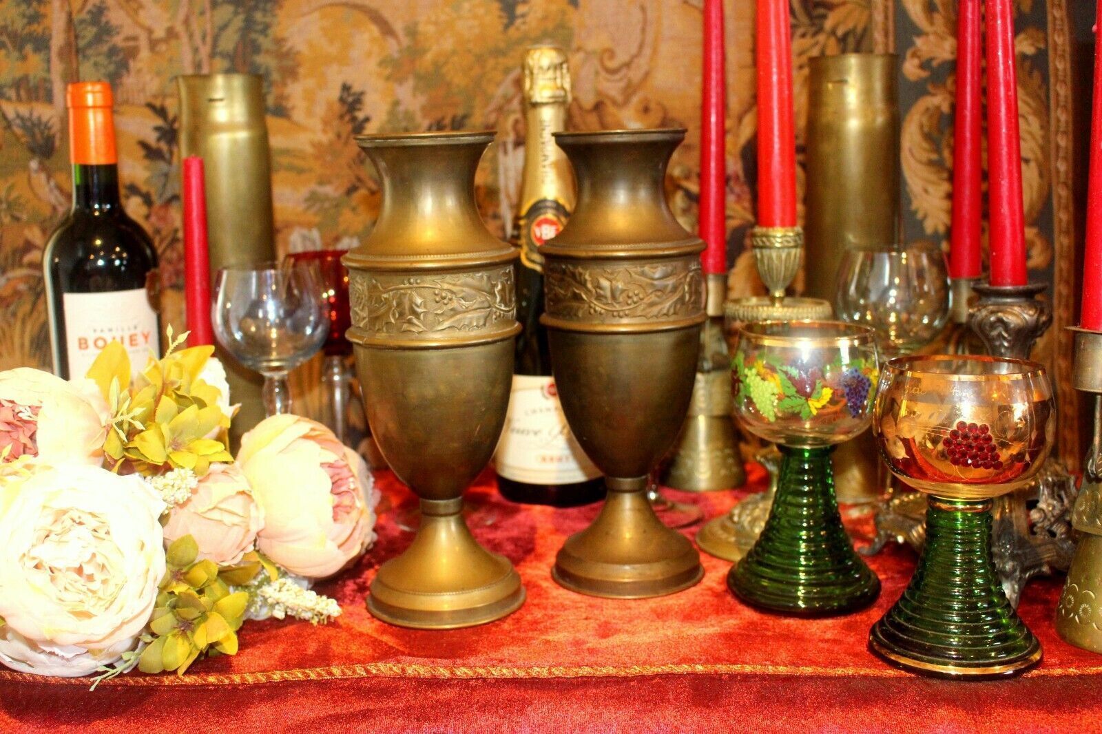 Home Decor Antique Art Decor French Pair Vase Royal Palace Copper Brass Bottle Jar photo
