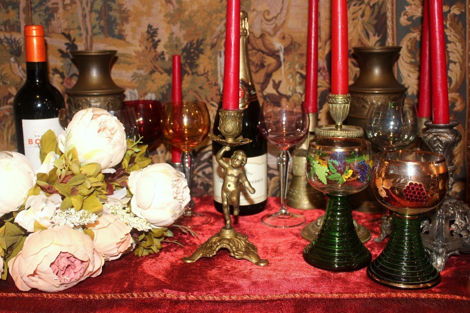 Heavy French Vintage Embossed Brass Desk Table Cherub Candle Holder photo buy