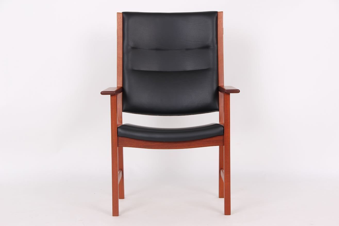 Hans J. Wegner Armchair. Renovated And Upholstered With Black Leather. Johannes Hansen Cabinetmaker. photo for sale