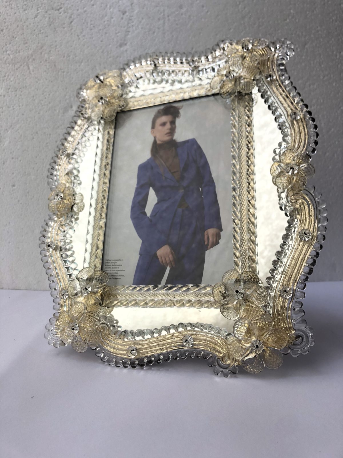 Transparent And Gold Murano Glass Photo Frame With Flowers. photo buy