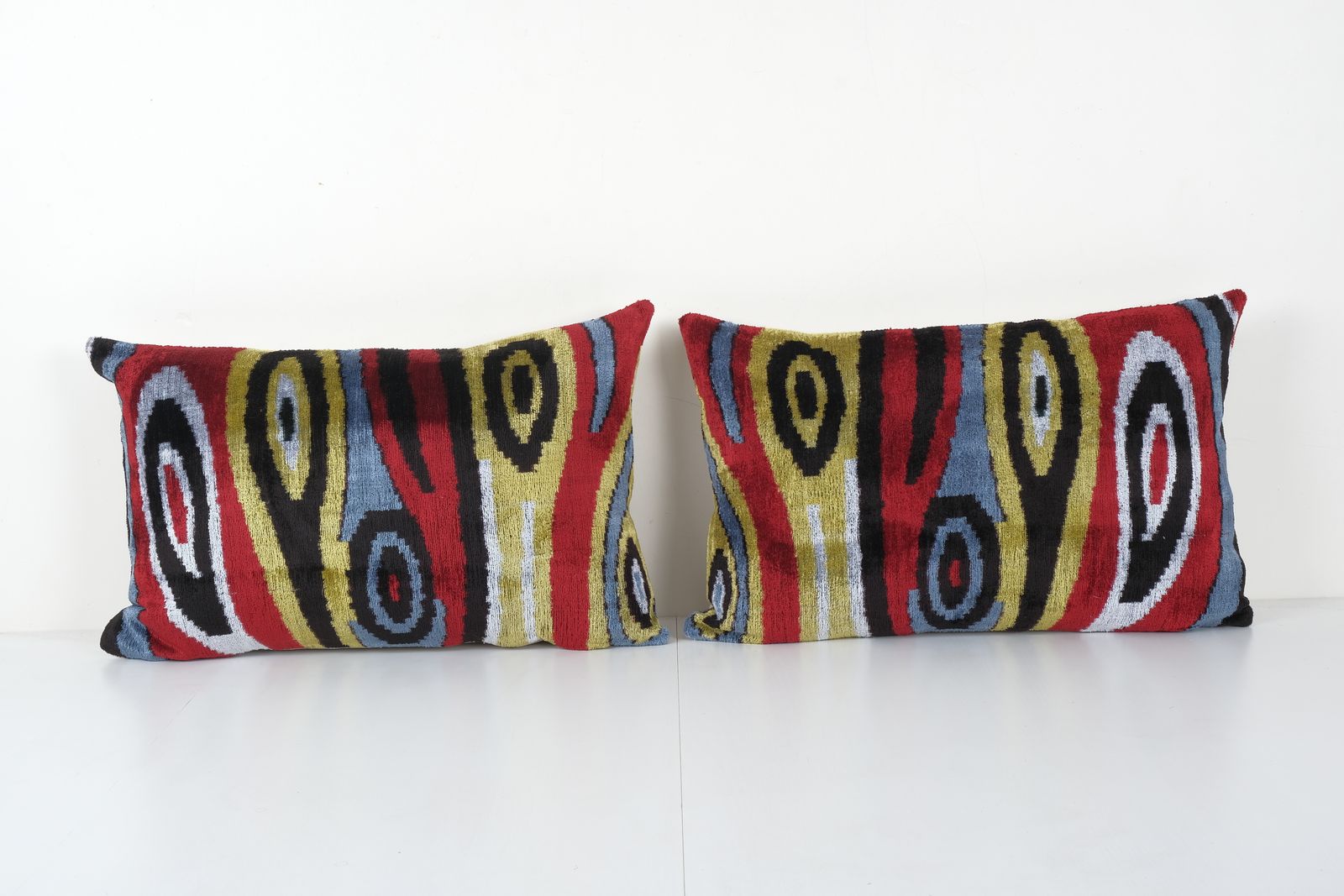 Silk Ikat Velvet Pillow, Set Of Two Silk Ikat Lumbar Cover, Extraordinary Design Velvet Cushion 16'' X 24''