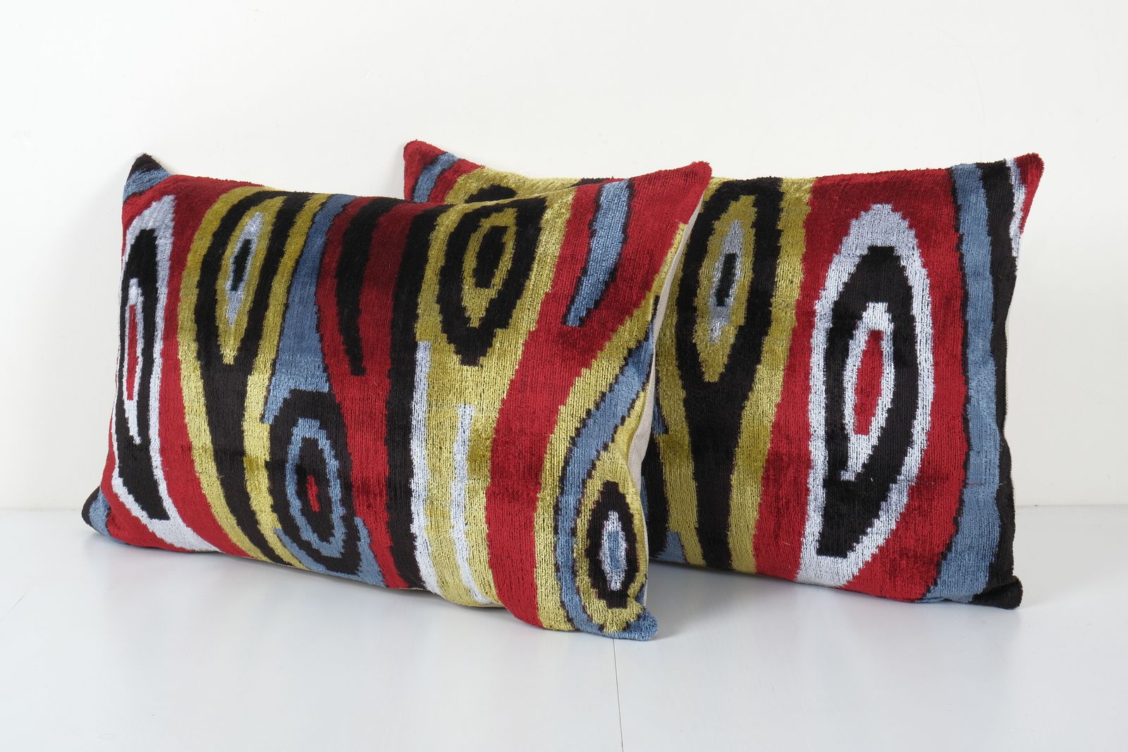 Silk Ikat Velvet Pillow, Set Of Two Silk Ikat Lumbar Cover, Extraordinary Design Velvet Cushion 16'' X 24'' photo for sale