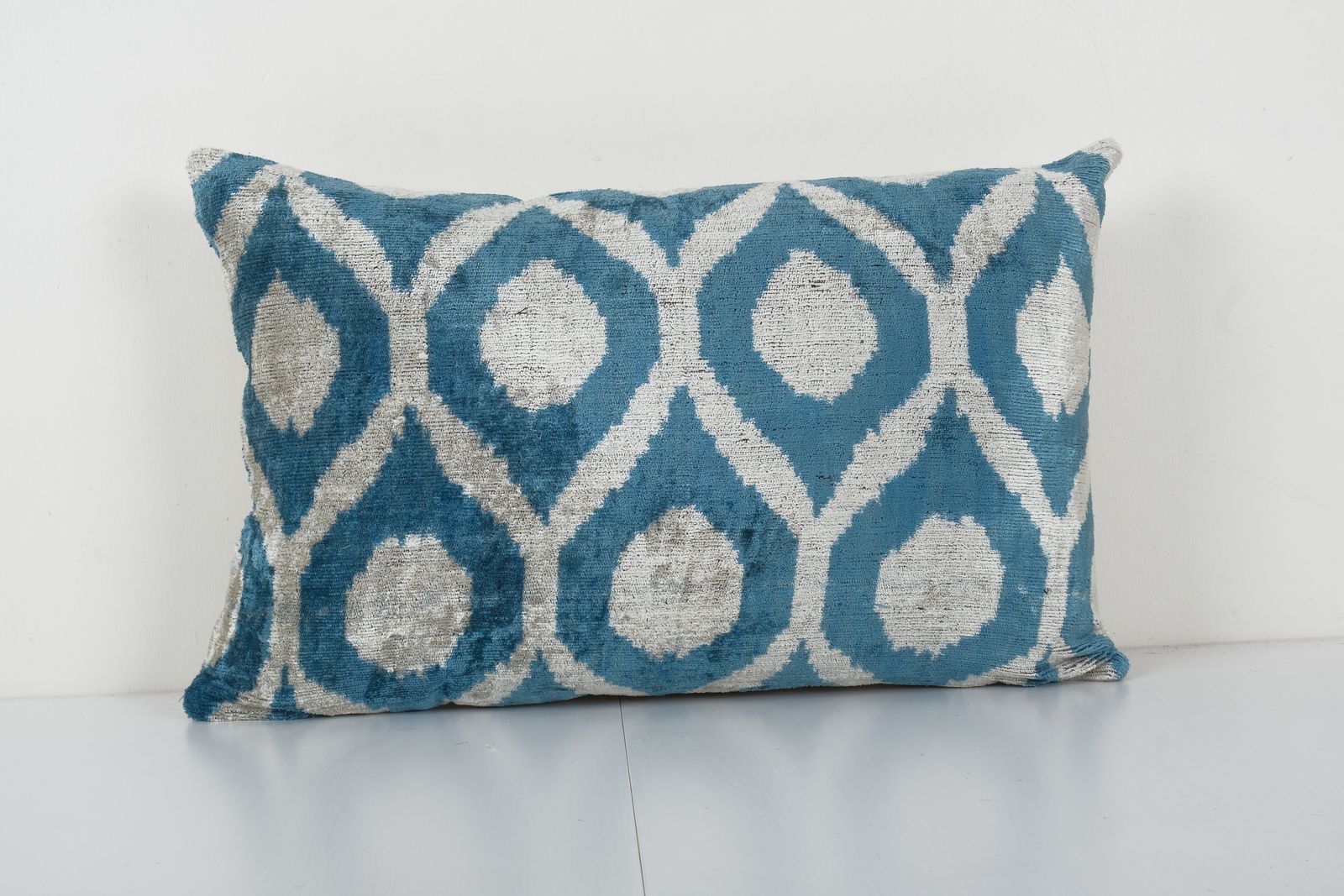 Ikat Lumbar Pillow, Sky Blue Silk Velvet Pillow Cover, Polka Dot Ikat Cushion Cover 16'' X 24''