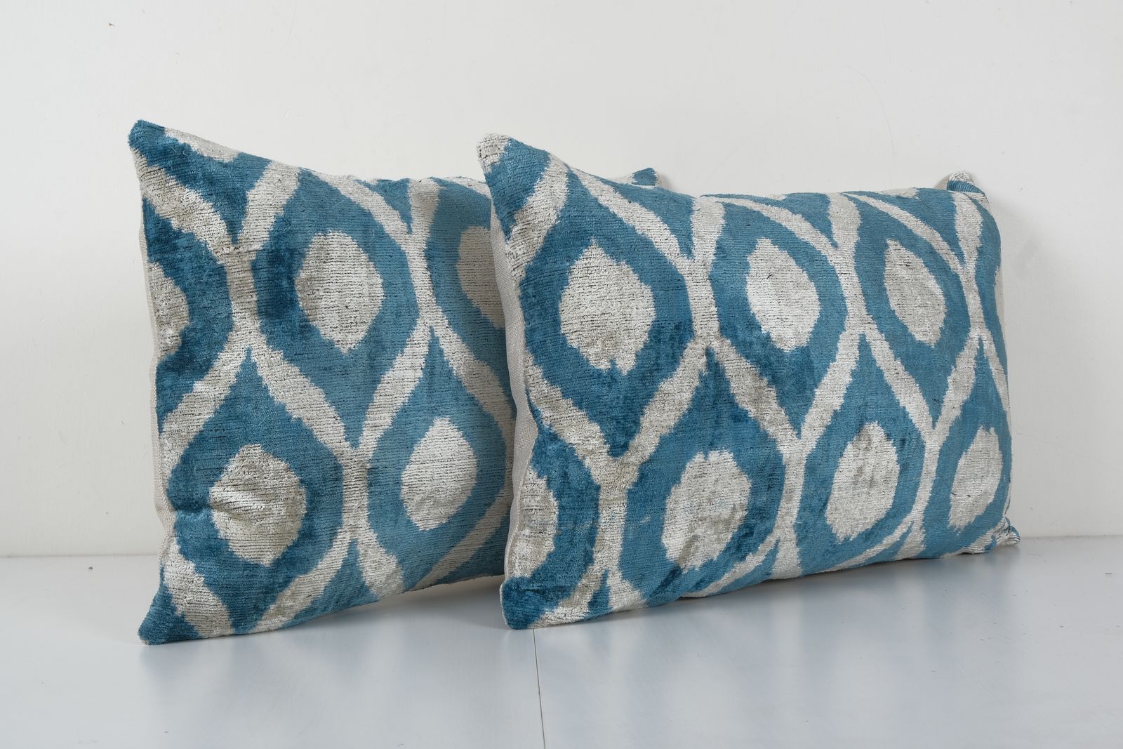 Sky Blue Ikat Velvet Pillow, Set Of Two Silk Lumbar Cushion Cover, Pair Boho Pillow, Uzbek Velvet Cover 16'' X 24'' photo Textiles