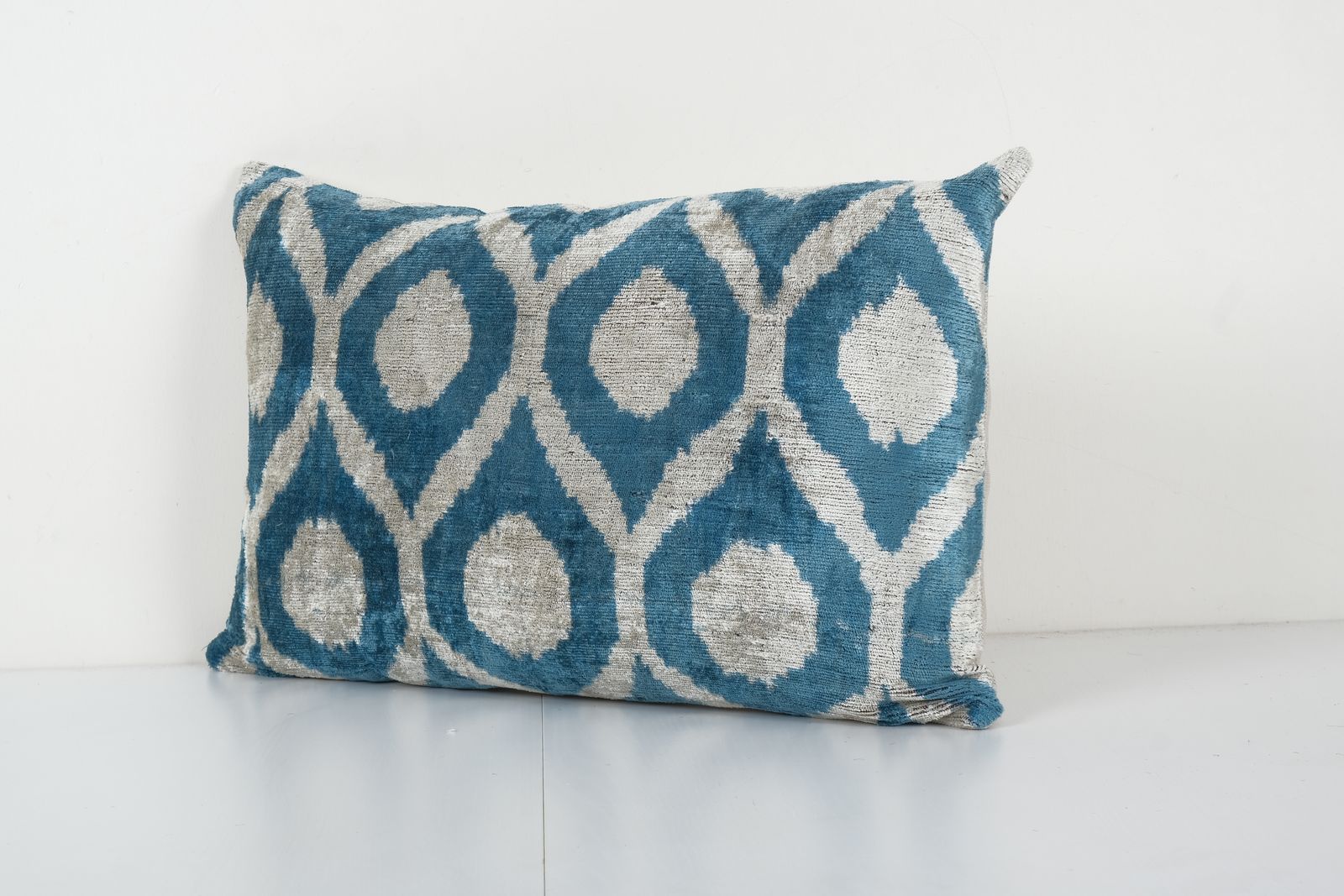 Ikat Lumbar Pillow, Sky Blue Silk Velvet Pillow Cover, Polka Dot Ikat Cushion Cover 16'' X 24'' photo for sale