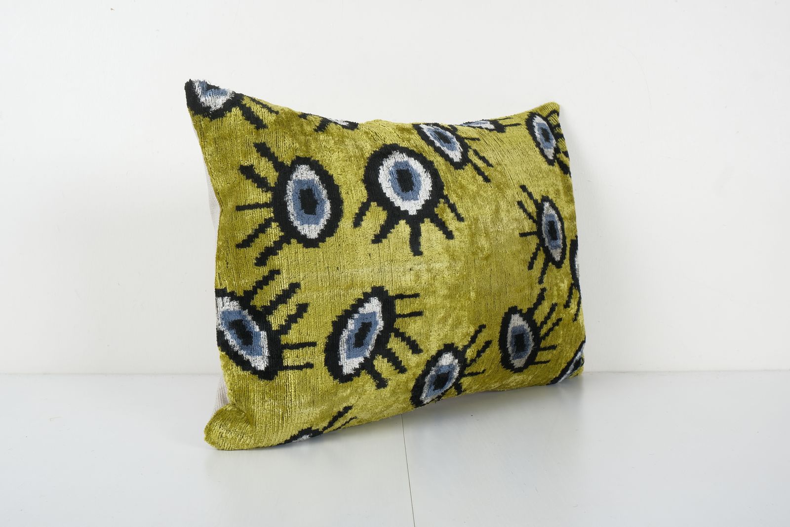 Ikat Eye Yelllow Pillow Pillow Cover   Silk Ethnic Velvet Lumbar Pillow Cover   Ethnic Decorative Pillow 16'' X 23'' photo for sale
