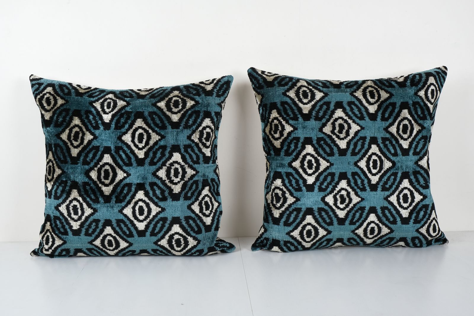 Ikat Azure Blue Pillow Cover   Pair Silk Ethnic Velvet Square Pillow Cover   Set Ethnic Decorative Pillow   Velvet Ikat Pillow 24'' X 24''