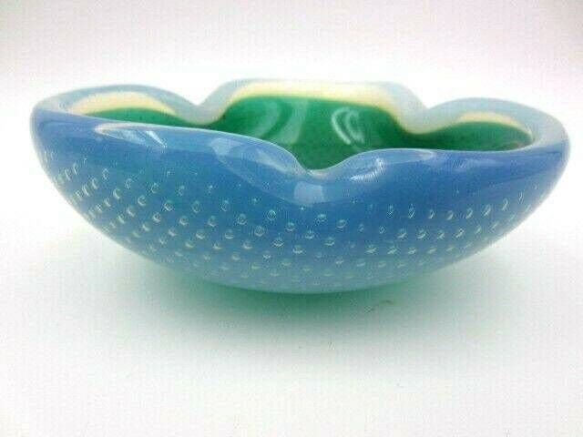Murano Seguso Alabastro Green In Blue White Opal Bullicante Art Glass Bowl 50s photo vinterior