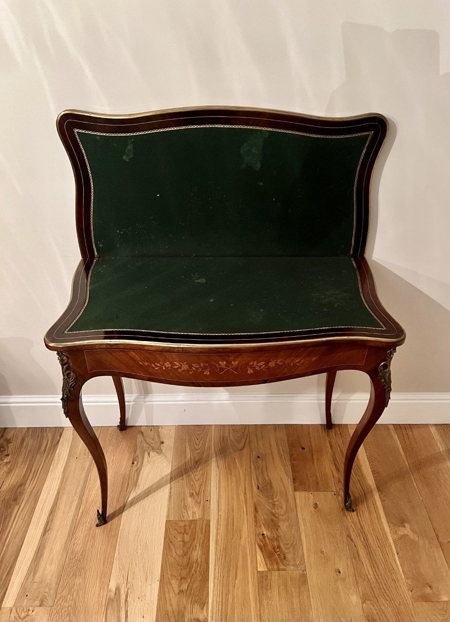 Antique French Quality Kingwood Marquetry Inlaid Ormolu Mounted Card Table photo 1385.0