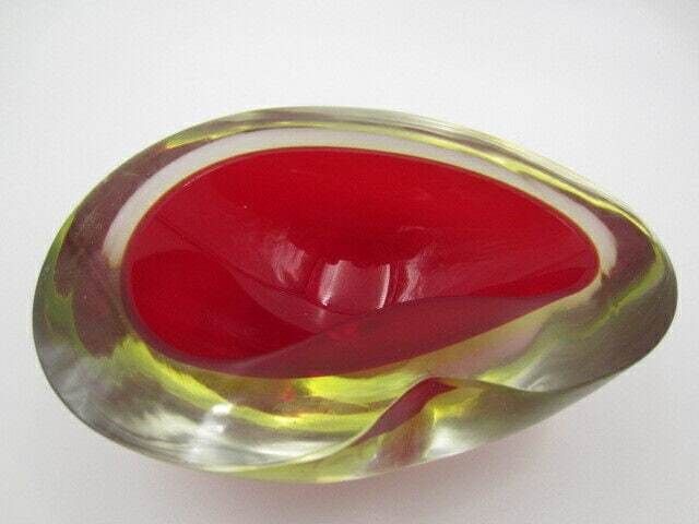 Kidney Shape Murano Sommerso Geode Red Art Glass Bowl "The Glowing Uranium Bowl" photo for sale