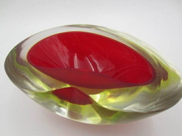 Kidney Shape Murano Sommerso Geode Red Art Glass Bowl "The Glowing Uranium Bowl" photo Home Decor