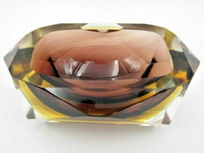 Murano Brown And Amber Sommerso Art Glass Geometric Faceted Block Cut Bowl C60s photo furniture