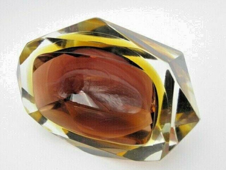 Murano Brown And Amber Sommerso Art Glass Geometric Faceted Block Cut Bowl C60s photo for sale