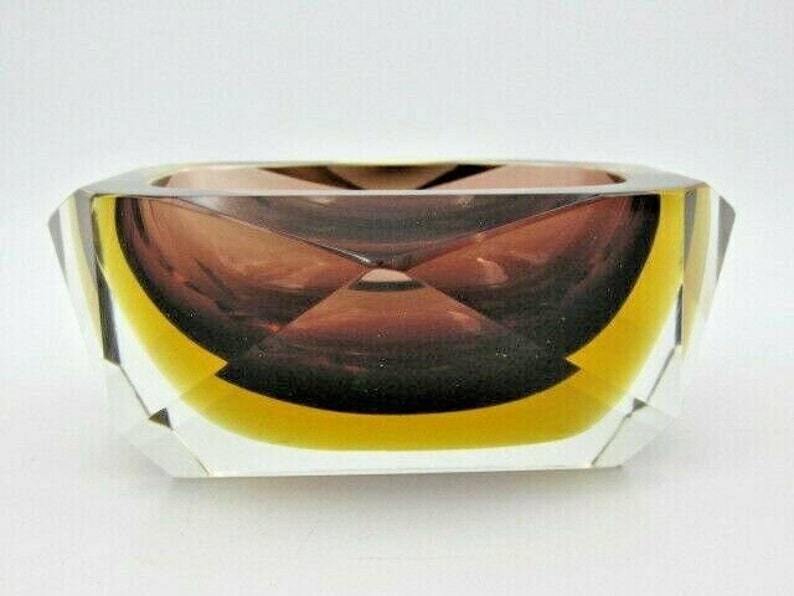 Murano Brown And Amber Sommerso Art Glass Geometric Faceted Block Cut Bowl C60s photo vinterior