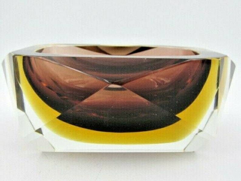 Murano Brown And Amber Sommerso Art Glass Geometric Faceted Block Cut Bowl C60s photo buy