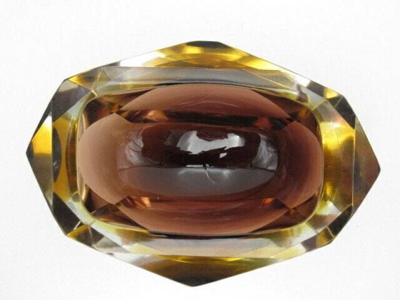 photo furniture Murano Brown And Amber Sommerso Art Glass Geometric Faceted Block Cut Bowl C60s