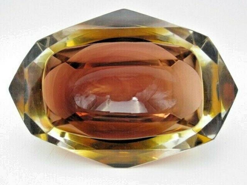 photo for sale Murano Brown And Amber Sommerso Art Glass Geometric Faceted Block Cut Bowl C60s