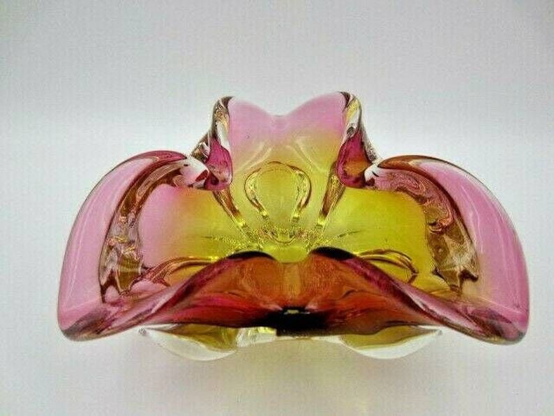 Murano Sommerso Style Chribska Pink And Gold Freeform Art Glass Bowl