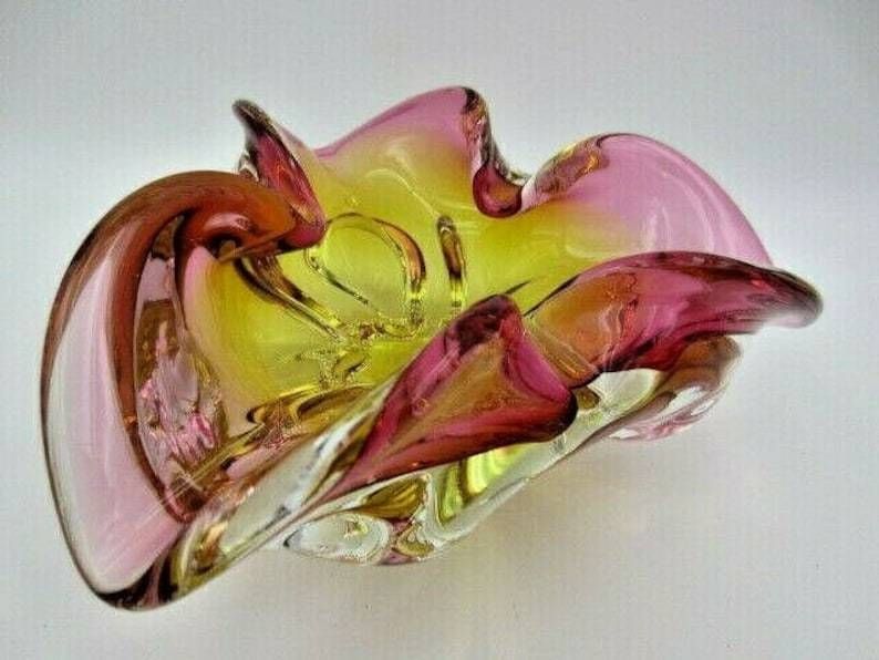Murano Sommerso Style Chribska Pink And Gold Freeform Art Glass Bowl photo for sale