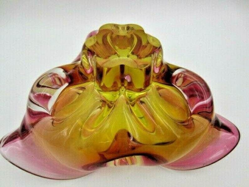 Murano Sommerso Style Chribska Pink And Gold Freeform Art Glass Bowl photo vintage