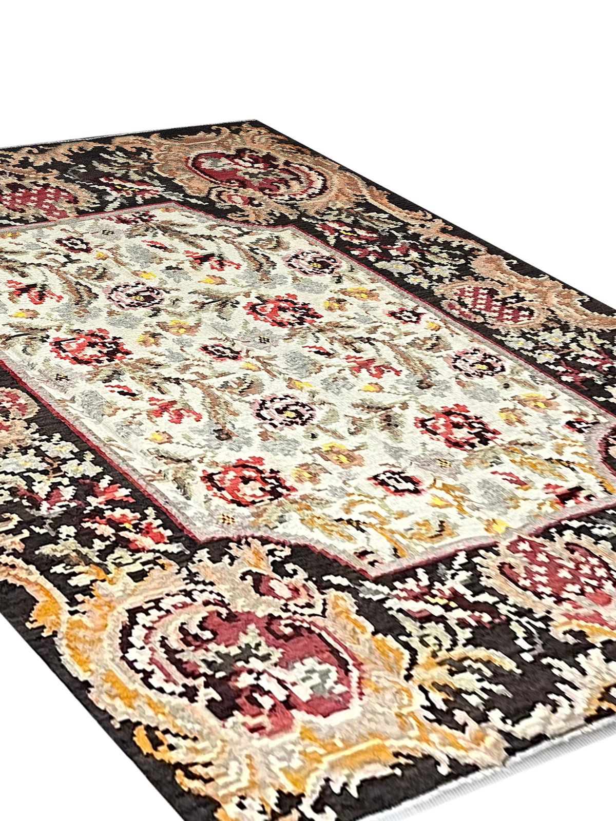 Moldovian Kilim Rug Floral Flatwoven Handmade Brown Wool Area Rug photo for sale