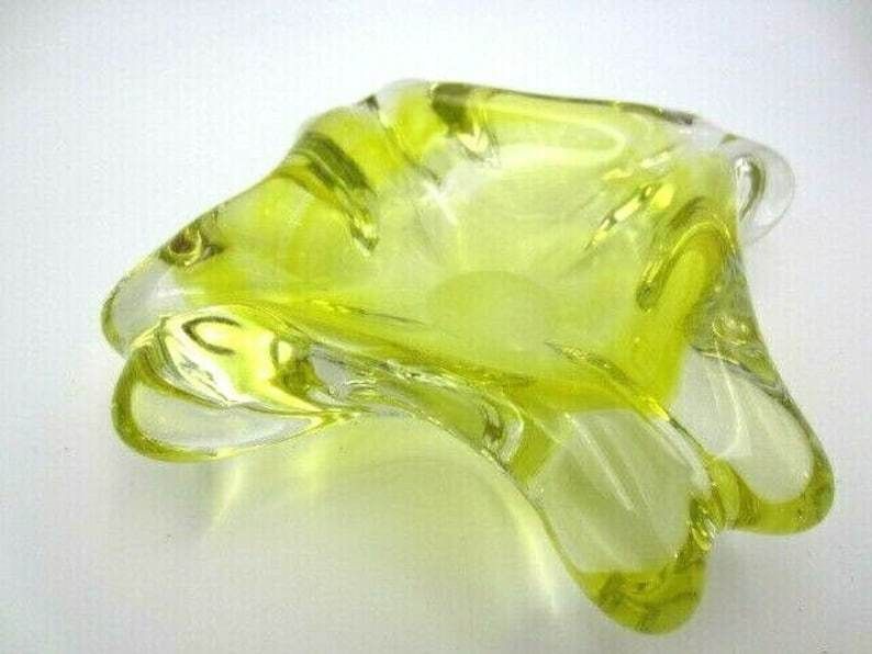 Mid Century Murano Freeform Yellow Sommerso Art Glass Bowl 1960s Retro photo for sale