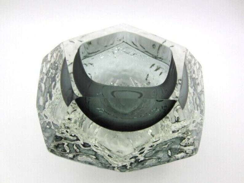 Murano Art Glass Sommerso Mandruzzato Faceted Bluey Grey Ice Glass Bowl