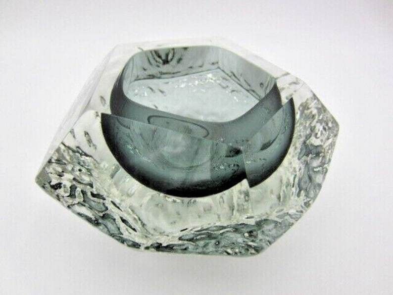Murano Art Glass Sommerso Mandruzzato Faceted Bluey Grey Ice Glass Bowl photo Home Decor