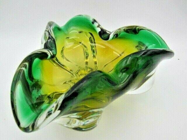 Sommerso Chribska Green And Orange Freeform Art Glass Bowl Dish photo furniture