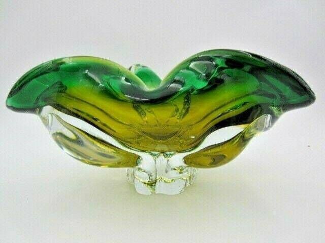 Sommerso Chribska Green And Orange Freeform Art Glass Bowl Dish photo vinterior