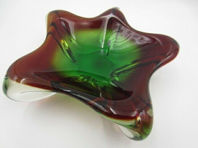 Star Shape Sommerso Art Glass Bowl Red Green In Thick Heavy Glass photo furniture