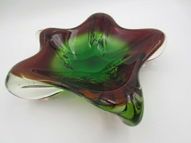 Star Shape Sommerso Art Glass Bowl Red Green In Thick Heavy Glass photo for sale