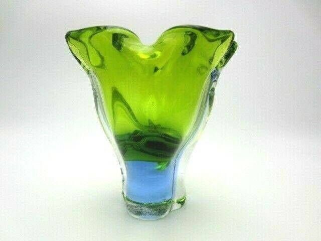 Beautiful Chribska Sommerso Style Green And Blue Art Glass Tulip Vase photo Home Decor