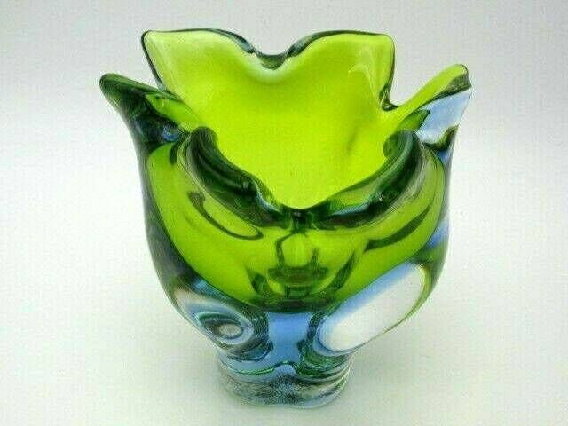Beautiful Chribska Sommerso Style Green And Blue Art Glass Tulip Vase photo vintage