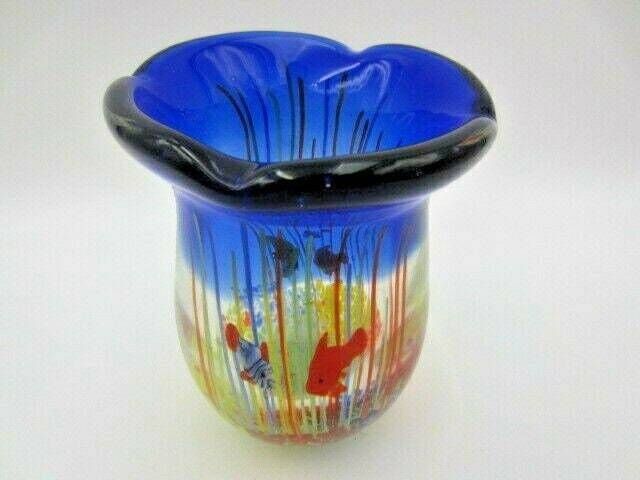 Fish Tank Aquarium Barbini Glass Vase, Cobalt Blue, Fish, Bubbles Reeds C1960s photo Home Decor