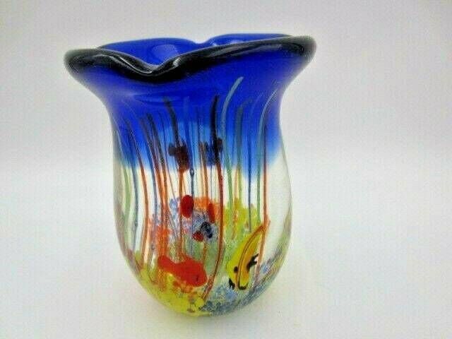 photo furniture Fish Tank Aquarium Barbini Glass Vase, Cobalt Blue, Fish, Bubbles Reeds C1960s