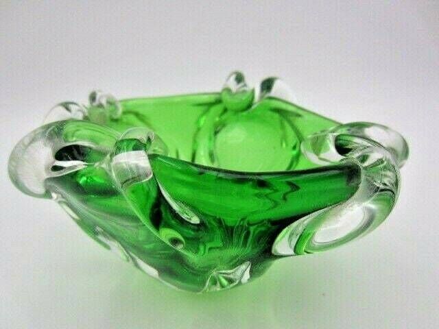 Green Murano Art Glass Bowl Sommerso Sculptural Unusual Ribbed Body 1960s photo Home Decor