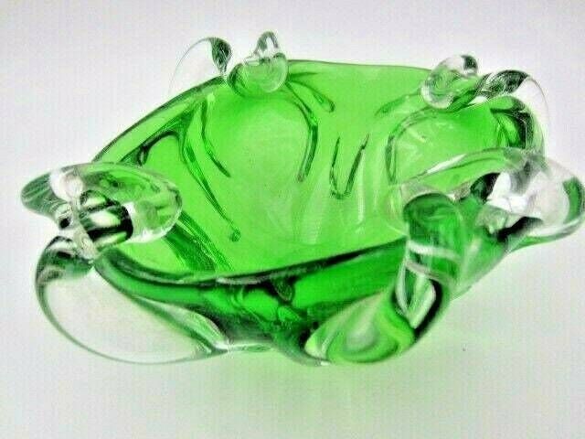 Green Murano Art Glass Bowl Sommerso Sculptural Unusual Ribbed Body 1960s photo vintage